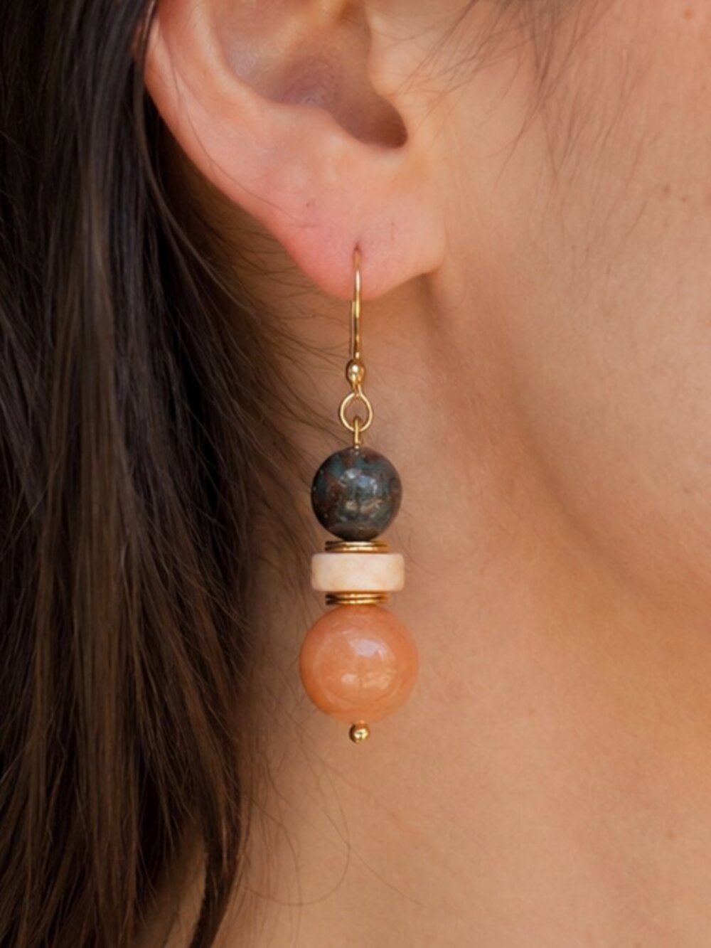 Pink Sunstone & Indian Agate Earrings, Gold Boho Gemstone Dangles